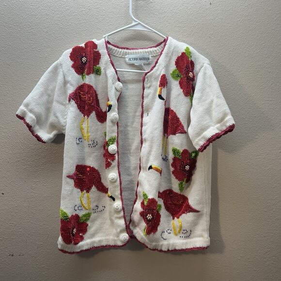 Victoria Harbour Sweater M Flamingo Retro 80s Granny Open Button Up Beaded - Picture 1 of 8